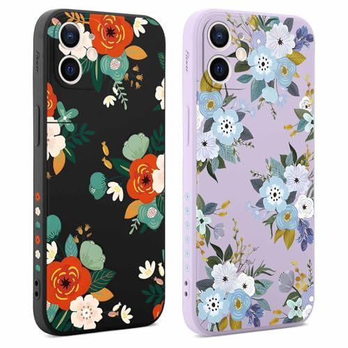 Coalbooliy 2 pezzi Cover per Apple iPhone 12 6,1, Nero Viola Custodia Aesthetic Fiore Motive Donne Design Cellulare Silicone Bumper Fotocamera Protezione Case per Ragazze, 03