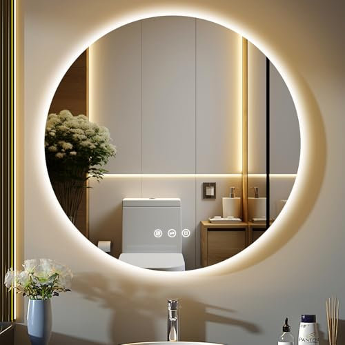 GIMBELEN 80cm Badezimmerspiegel mit Beleuchtung, Runder Spiegel mit Beleuchtung, 3 Lichtfarben, Dimmbar, Anti-Beschlag, Touch-Schalter, Speicherfunktion, LED Bad Spiegel mit Licht, Wandspiegel Rund