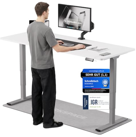 DESKSPACE PRO Plus Elektrisch höhenverstellbarer Schreibtisch (200x80 cm) | Bürotisch mit Kollisionsschutz, Memory-Funktion, USB-Anschluss, 10 Jahre Garantie (Gestell grau, Tischplatte weiß)