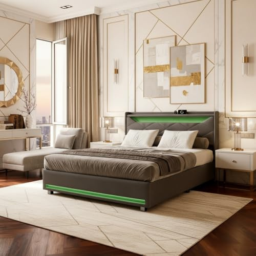 Lift Bettgestell 140x200 mit RGB LED Beleuchtung & Ladefunktion - 2 Personen Boxspringbett mit Stauraum (Grau C, 140 x 200 cm)