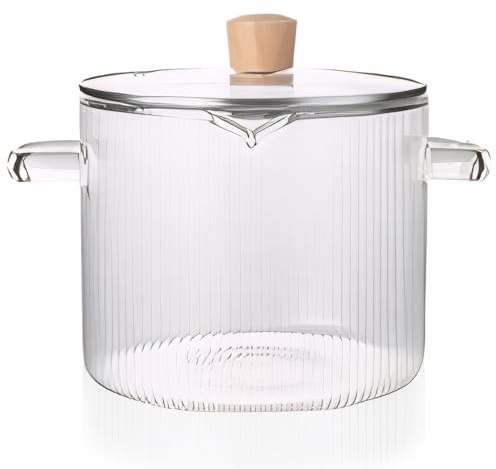 Glass Cooking Pot with Lid 2.3L/78oz Heat Resistant Borosilicate Ribbed Glass Pot with Handles Clear Simmer for Cooking Soup Milk Baby Food and Kitchen Use