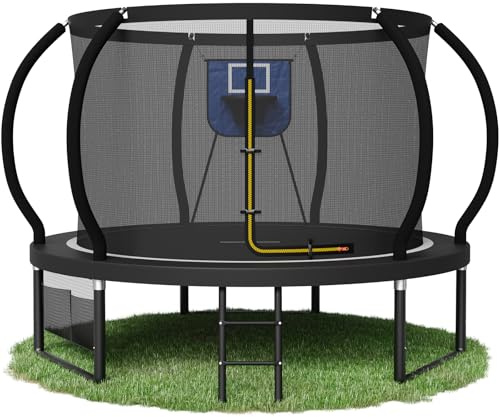 Outdoor Trampoline with Basketball Hoop 7.5/10ft Garden Trampoline with Safety Net and Storage Bag Non-Slip Ladder & Shoe Organizer Suitable for Toddlers and Adults