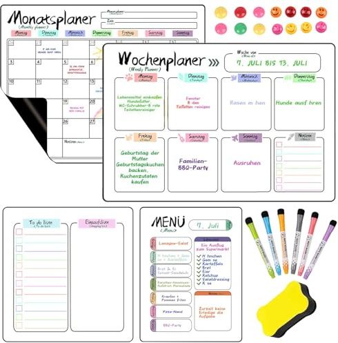 4Stk Magnetisch Whiteboard Wochenplaner Abwischbar Monatsplaner, Magnettafel für Kühlschrank ideal als Essensplaner Woche, To Do Liste, Haushaltsplaner, Einkaufsliste, Putzplaner, Kinder Wochenplaner