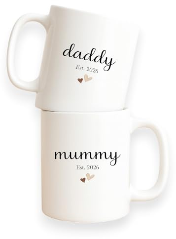 allaboutthebump Personalised Mummy & Daddy Est. Year Ceramic Mug Set – Custom New Parents Gift, Pregnancy Announcement, Baby Shower, Mother’s Day & Father’s Day Keepsake (Set of 2: Mum & Dad)
