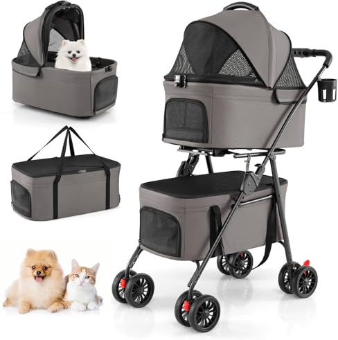 COSTWAY 3 in 1 Hundewagen klappbar, Hundebuggy 2 Etagen, Haustierwagen mit verstellbarem Vordach, Netzfenster & Taschen, Hundebox Transporttasche, Haustierbuggy für Katzen Hunde bis 15 kg (Grau)
