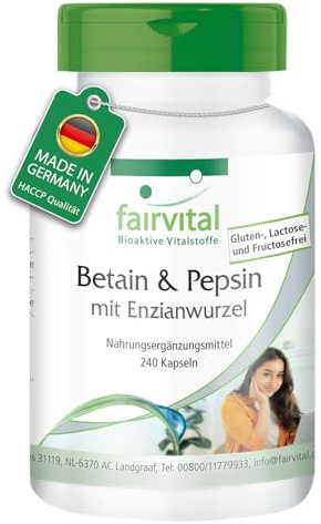 fairvital Betain & Pepsin mit Enzianwurzel, 240 Kapseln, Betain HCL + Bitterstoffe aus Enzian, Vollspektrum Enzym Kapseln, qualitätsgeprüft und hochdosiert, Made in Germany