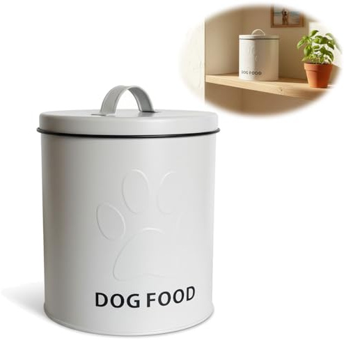 LS-LebenStil Vintage Futtereimer Metall Weiß 18cm 4L Rund Hundefutter Eimer mit Deckel Aufbewahrung Futtertonne Futterbox Futterdose für Trockenfutter Hundefutterbehälter Hundemotiv