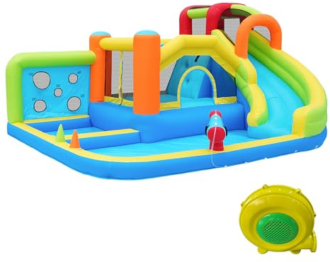 Kinder Hüpfburg mit Gebläse, XXL Wasserpark mit Trampolin, Wasserrutsche, Kletterwand & Basketballkorb, Aufblasbare Hüpfburg Outdoor Garten für 3–8 Jahre