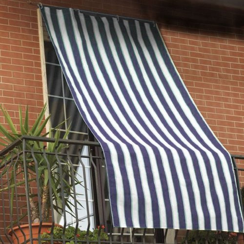 Tenda da sole 150x290cm in tessuto a strisce con anelli ombra per balcone terrazzo casa (BLU)