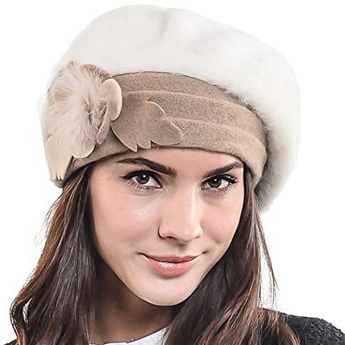 HISSHE Damen Barette Künstler Wolle Baskenmütze Angora Beanie Winter Mütze BR022 (Sahne)