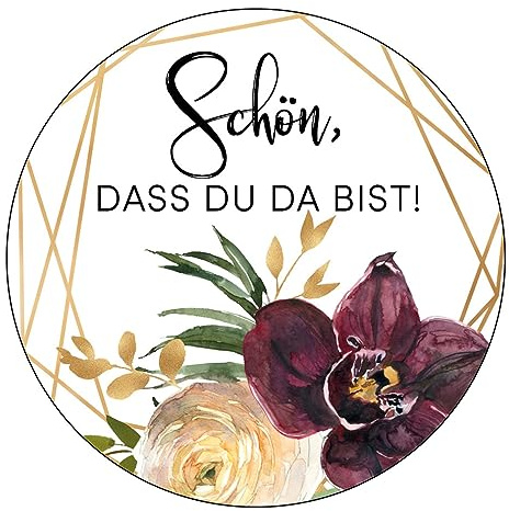 Schokoladenseite 48 x Aufkleber Schön dass du da bist - 40 mm, Design Watercolor 174406, Sticker geeignet für Hochzeit Gastgeschenk Taufe Kommunion Geburtstag Feste Geschenke