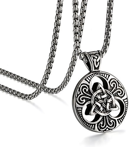 JewelryWe Schmuck Edelstahl Anhänger Halskette Silber Ton Schwarz Irish Celtic Knot Irischen Keltisch Knoten Triquetra Herren,mit 56cm Kette