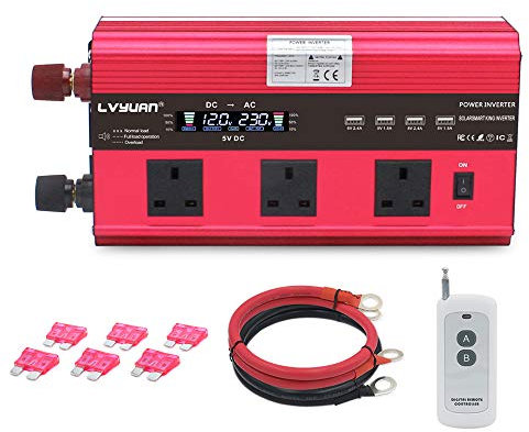 Cantonape Power Inverter 2500W 12V to 230V 240V DC to AC Car Converter with LCD Display, Remote Controller 3 x UK Outlets and 4 x 3.1A USB Car Adapter for Car Truck Boat RV Solar System