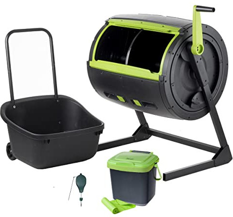 MAZE Two Stage 65 gal Compost Tumbler with Large Double Doors and Open Frame and Comes with Maze Compost Cart, 1.85 Gal Kitchen Caddie Compost Bin, 3 Rolls of Corn Bags and a Retractable Plant Caddie