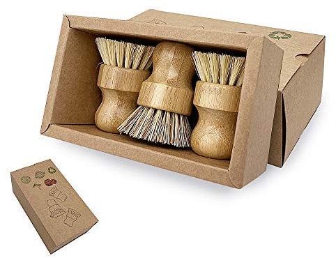 FineFun Pot Scrubbing Brush 3 Pack, Eco-Friendly Bamboo Round Mini Dish Brush, Natural Scrubber, Durable Scrubber, Cleaning Kit with Union Fiber and Tampico Fiber for Pots, Pans and Vegetables