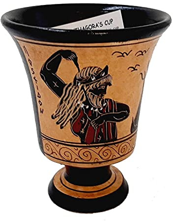 Pythagoreischer Becher, Gieriger Becher, 11 cm, Schwarzfigurige Malerei, zeigt den Gott Poseidon