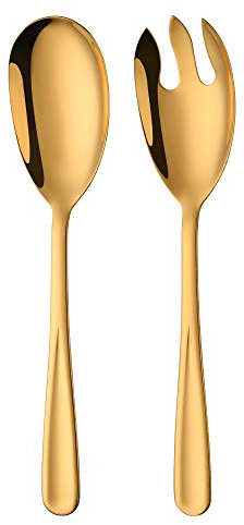 SBOMHS Lot de 2 cuillères à salade et fourchettes à salade dorées en acier inoxydable 30,5 cm de long