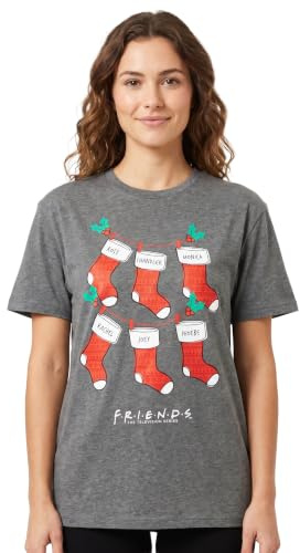 Friends Christmas T-Shirt for Women | Ladies F.R.I.E.N.D.S TV Show Festive Stockings Grey Top | Short Sleeve Central Perk Xmas Outfit