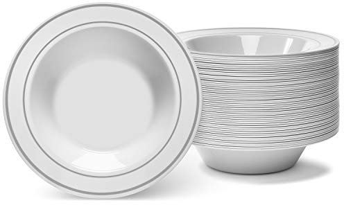 Silver Rimmed White Bowls - 5 ounce - 50 Count - Hard Plastic - Disposable or Reusable - Dessert - Salad - Cereal - Pasta Bowls - Ideal for Weddings, Parties, Gatherings, Events &More!
