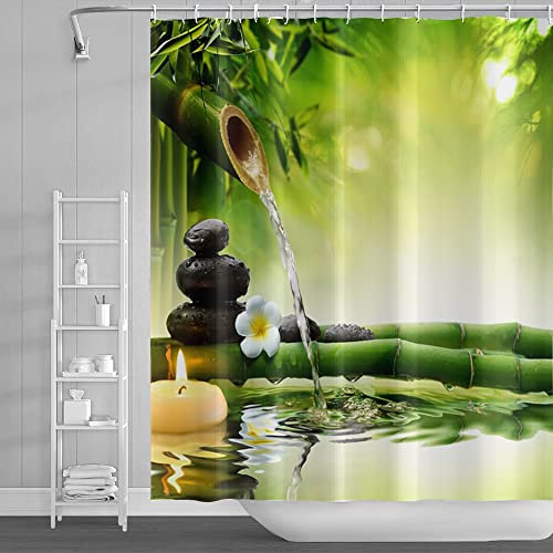 SDOTPMT 180x180cm Spa Bambou Rideau de Douche Vert Feuilles Bougies Eau Thérapie Floral Rideau de Bain Zen Méditation Basalte Pierres Rideau de Baignoire pour Salle Bains Polyester avec Crochets