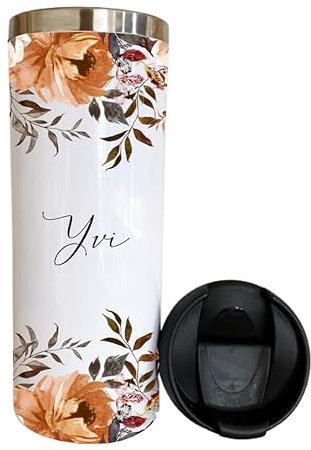 Manufaktur Liebevoll Thermobecher personalisiert Floral Personalisierter Thermobecher Kaffee to go personalisiert Kaffeebecher mit Namen (Motiv Yvi weiß)