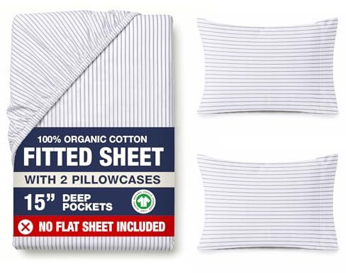 LANE LINEN King Fitted Sheet – Organic Cotton, Soft & Lightweight, 35cm Extra Deep Pocket with 2 Pillowcases, Snug Fit Bottom Sheet - Ticking Stripe Blue