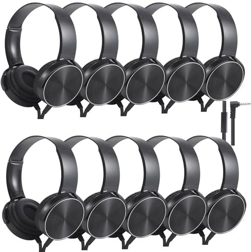 Wensdo Bulk Headphones with Microphone 10 Pack for Classroom Kids, Wholesale Heavy Duty Wire Headsets with Mic Class Set for School Students Teen Children(HY450, Black)