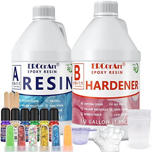 Resine Epoxy - 1 Gallon de Résine Époxy Transparente Avec 6 Colorant Resine Epoxy et 6 Paillettes, 1: 1 Ratio Epoxy Resin Kit Complet, Revêtement en résine époxy cristalline pour Tables de Rivière