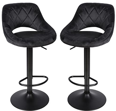 WANZHE Barhocker, Set mit 2 Hochstühlen, Sitze für Küche, Veloursbezug, Fußstütze, Metallstruktur, höhenverstellbar, drehbar, höhenverstellbar, 55-75 cm (2, schwarz)