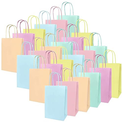 24 Stück Papiertüten Bunt mit Henkel, Papiertüten für Partys und Geschenke mit Griffen, Geschenktüten, Kraftpapier Tüten fur Kindergeburtstag(16x8x22cm)
