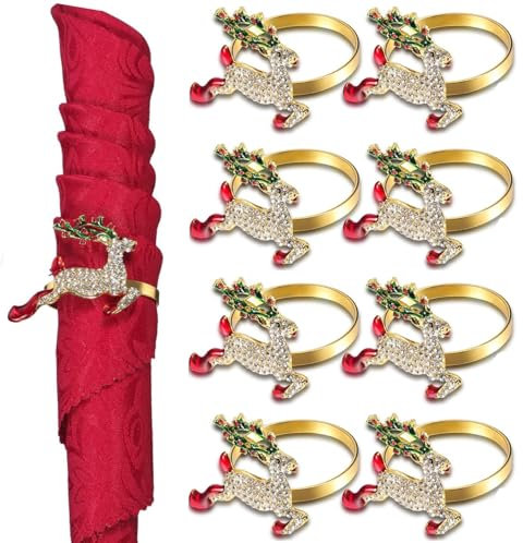 LATERN 8 Stück Weihnachts Servietten Ringes, Gold Weihnachts Hirsch Serviettenhalter Weihnachts Serviettenschnalle mit Strass für Weihnachten Thanksgiving Party Urlaub Tischdekoration (5cm x 4cm)