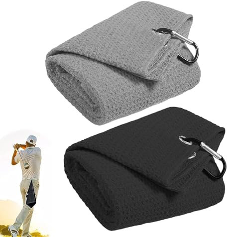 HBINGL golf towels for golf bags with clip 2pcs Microfiber Fabric Golf Bag Towel, Small Golf Towel Microfiber Fabric Absorbent Cleaning Towels for Golf Bags Fitness Sport Outdoor Yoga (Grey Black)