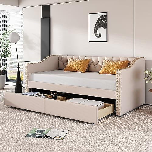 KUAKE Polsterbett Kinderbett 90x200, Schlafsofa mit zwei herausnehmbaren Schubladen, strapazierfähiger Leinenstoff Beige