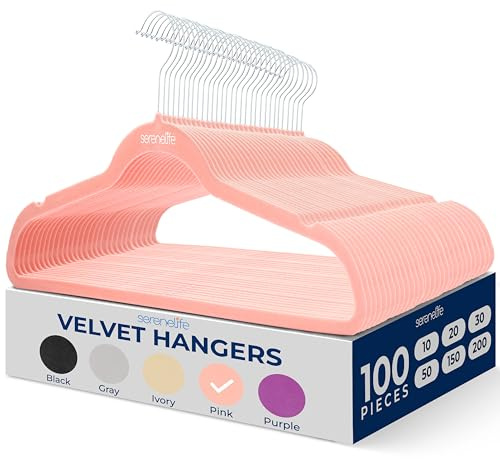 SereneLife Platzstparende Kleiderbügel Pink 100 Stück, Gardarobenbügel rutschfest aus Samt für Kleideraufbewahrung & Organisation, Hanger 360° drehbarer Haken für Hosen, Röcke, Hemden & Mäntel