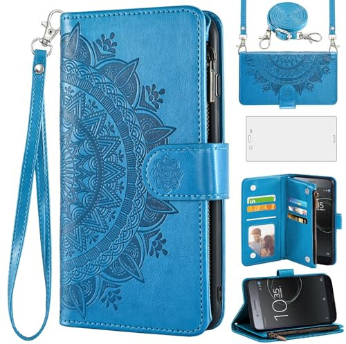 Asuwish Handyhülle für Sony Xperia XZ Premium G8141 Hülle mit Band und Folie Schutzfolie Kartenfach Klappbar Leder Blumen Geldbörse Ständer ZX Reißverschluss Handy Hüllen Schutzhülle Phone Case Blau