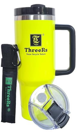 ThreeRs Quencher Travel Tumbler with Handle Straws Insulated Coffee Cup Telescopic Metal Straw, 2 Lids, Summer Water Bottle, Mug for Hot - Cold Drinks 40oz/1180ml Neon Colour (Yellow)