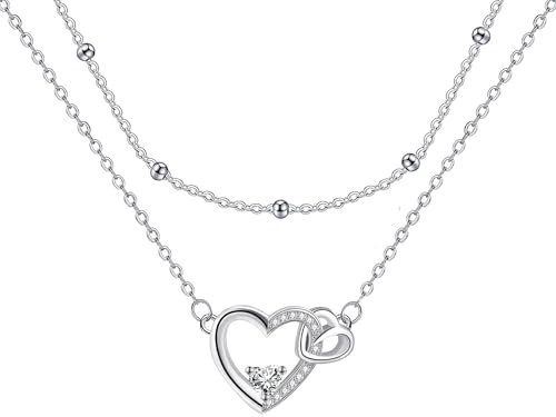 Micory Collana Cuore Donna Argento Sterling 925 Serie a doppia catena con Scatola Regalo-Regali originali di gioielleria