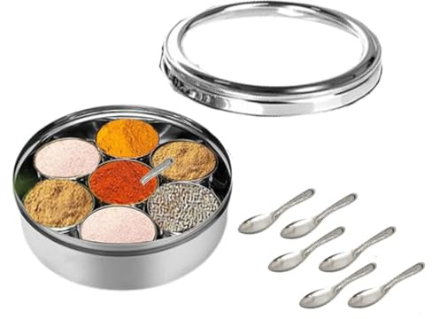Scatola portaspezie in acciaio inox con 7 contenitori per spezie e 7 cucchiaini piccoli, coperchio trasparente (misura n. 11)