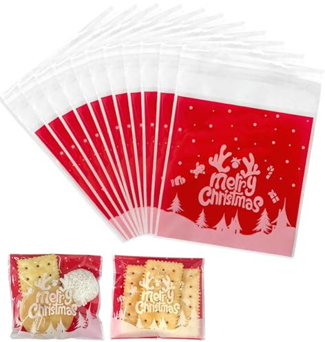 100 Stück Weihnachts-Zellophanbeutel, wiederverschließbare Zellophantüten, selbstklebende Bonbonbeutel für Weihnachtsplätzchen, Süßigkeiten, Geschenkverpackungen (10 x 10 cm/3,94 x 3,94 Zoll)