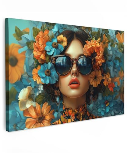 MuchoWow© Impression sur Toile Decoration Murale Peinture 120x80 cm Tableaux Art Décoratif Muraux Décoration Chambre Femme - Fleurs - Orange - Bleu - Moderne