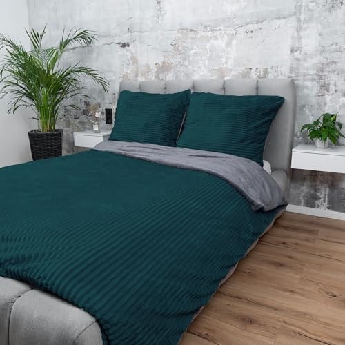 Visaggio Winter Bettwäsche 155x220 cm Teddy Plüsch Cord Streifen Cashmere Touch Nicky Coral Fleece Dunkelgrün 2-teilig