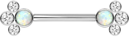 PIERCINGLINE Titan Barbell mit Push Fit SYNTHETISCHER OPAL + 3 KRISTALLE Brustwarzenpiercing Nippelpiercing Silberfarben 1,6 x 14 mm