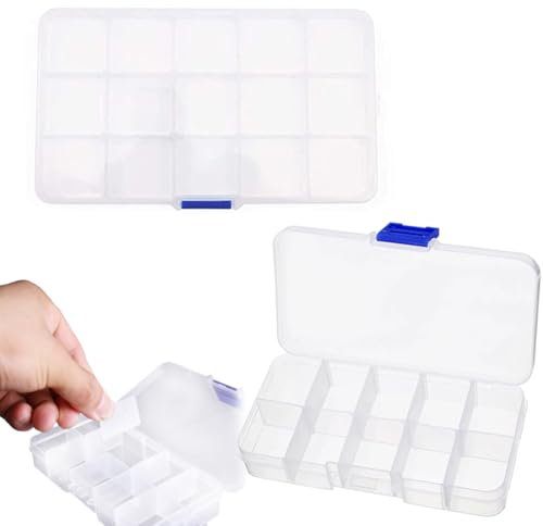 WUSJCOF 2 Pezzi Scatola di Plastica Organizzatore per Piccoli Oggetti, 15 e 10 Scomparti Regolabili, Fori per Appendere per Conservare Viti, Orecchini, Perline, Materiale da Ufficio (Trasparente)