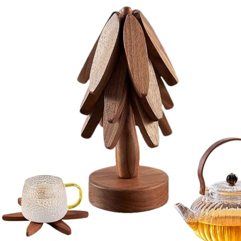 Wooden Trivets For Hot Dishes, Wooden Coasters Set, 3 Wooden Tree Coasters +1 Stand, Tree Shape Trivet Set Anti Scald Coaster, Trivets For Hot Pots And Pans, Wood Placemats For Table Decoration