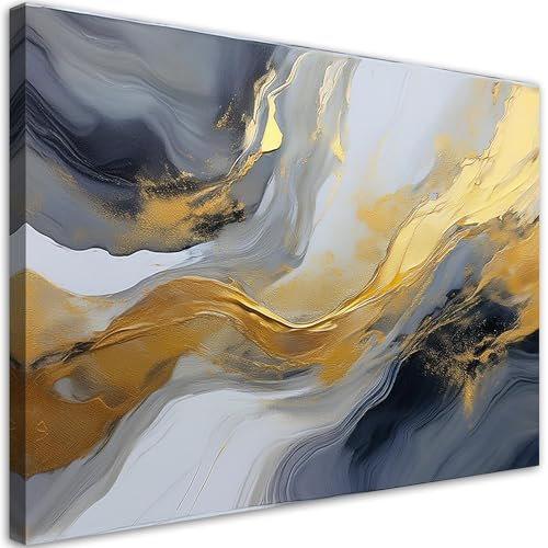 Feeby Bilder - Foto Geschenk - Abstrakt Marmor Textur Grau Gold - 120x80 cm XXL 1tlg - Leinwandbilder Wohnzimmer - Wandbild über dem Bett - Bild Schlafzimmer - Aesthetic Zimmer Deko - Modern Pictures