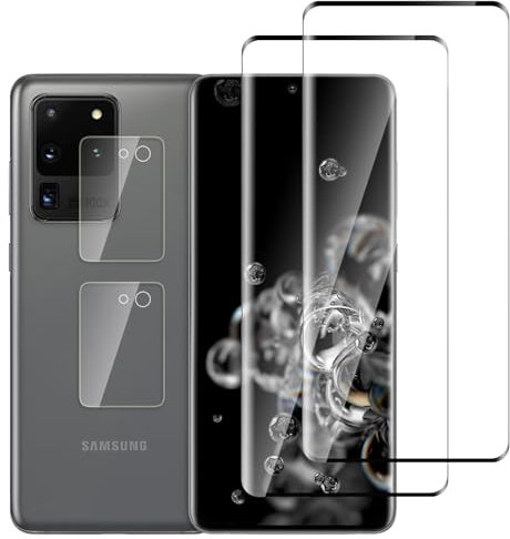 Jinshiweikai Lot de 4, 2 x Verre Trempé pour Samsung Galaxy S20 Ultra et 2 x Protection Ecran Caméra Arrière,3D Incurvé Couverture,sans Bulles d'air,Dureté 9H Glass,Compatible Samsung Galaxy S20 Ultra