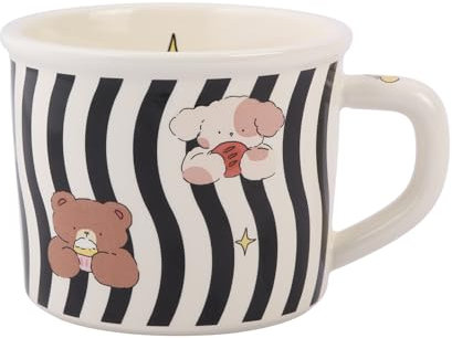 TREEWOO Taza de café Kawaii, diseño de dibujos animados, bonito color cremoso, diseño de conejito y bagel, 380 ml, bonita taza de cerámica para el desayuno (Rayas negras)