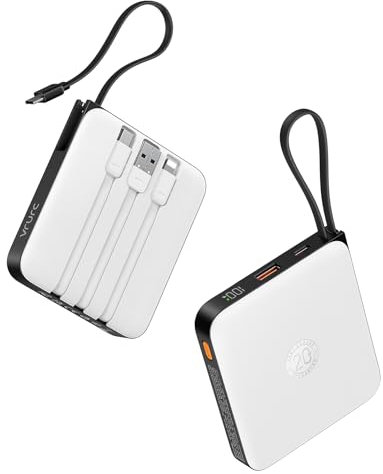 VRURC Power Bank mit Kabel 10000mAh Klein USB C Powerbank Schnelles Aufladen 22.5W Mini Tragbares Ladegerät Externer Akku Klein Aber Stark akkupack LED-Anzeige Kompatibel mit iPhone Huawei (Weiß)