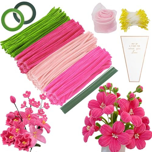 YSUVIN Pfeifenputzer Zum Basteln, 400 StüCk Pfeifenreiniger Blumen Set, 4 Farben Rosa Rot Grün Pfeifenreiniger Zum Basteln Mit Blumendraht Zum Basteln, Blumen Staubblatt, Blumentasche für DIY Dekor