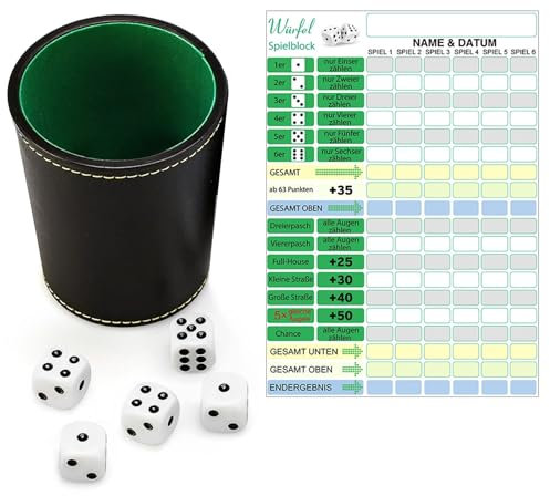 Zyiphor Würfel Spiel Set, Würfelbecher mit 5 würfeln mit Würfelspiel Block, Leder Würfelbecher, 5 Würfel mit Becher, Spielblöcke für Würfelspiele für Kinder Erwachsene Familienspiel